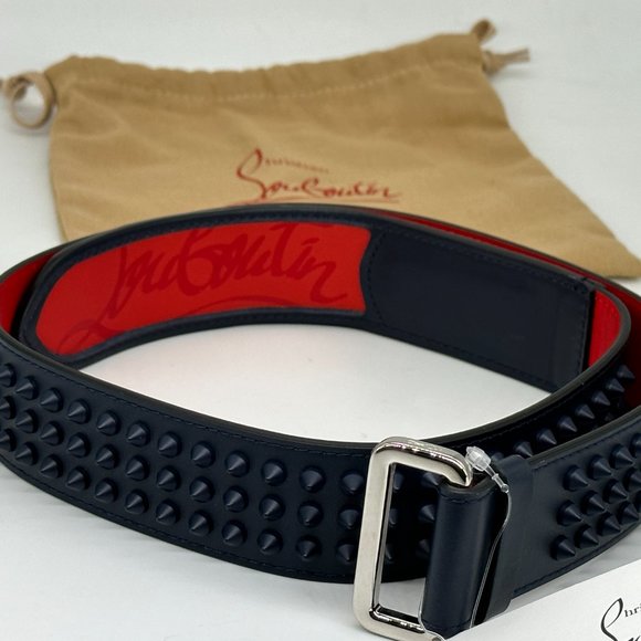 Christian Louboutin LOUBI Logo Spike Studded Leather Belt Navy Blue